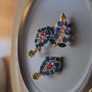Blue Sapphire Ruby & Citrine Rhinestone Earrings Witj Matching Mini Pin/ Pendant